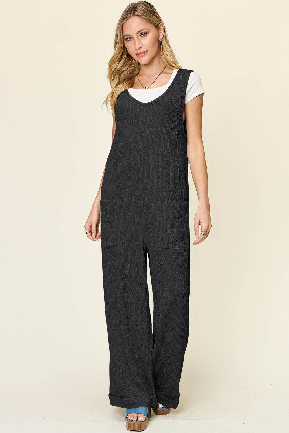 Double Take Full Size Texture Sleeveless Wide Leg Jumpsuit - Delanoir