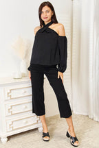 Perfee Grecian Cold Shoulder Long Sleeve Blouse - Delanoir
