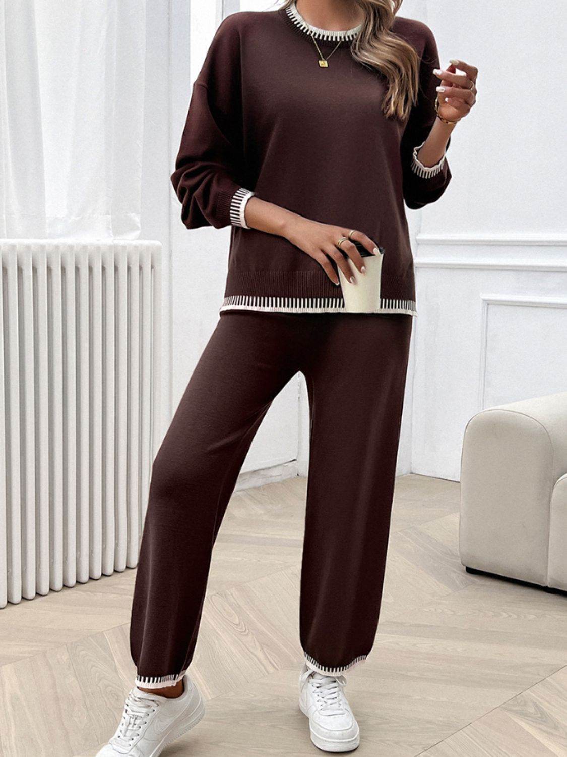 Devine Round Neck Dropped Shoulder Top and Pants Sweater Set - Delanoir