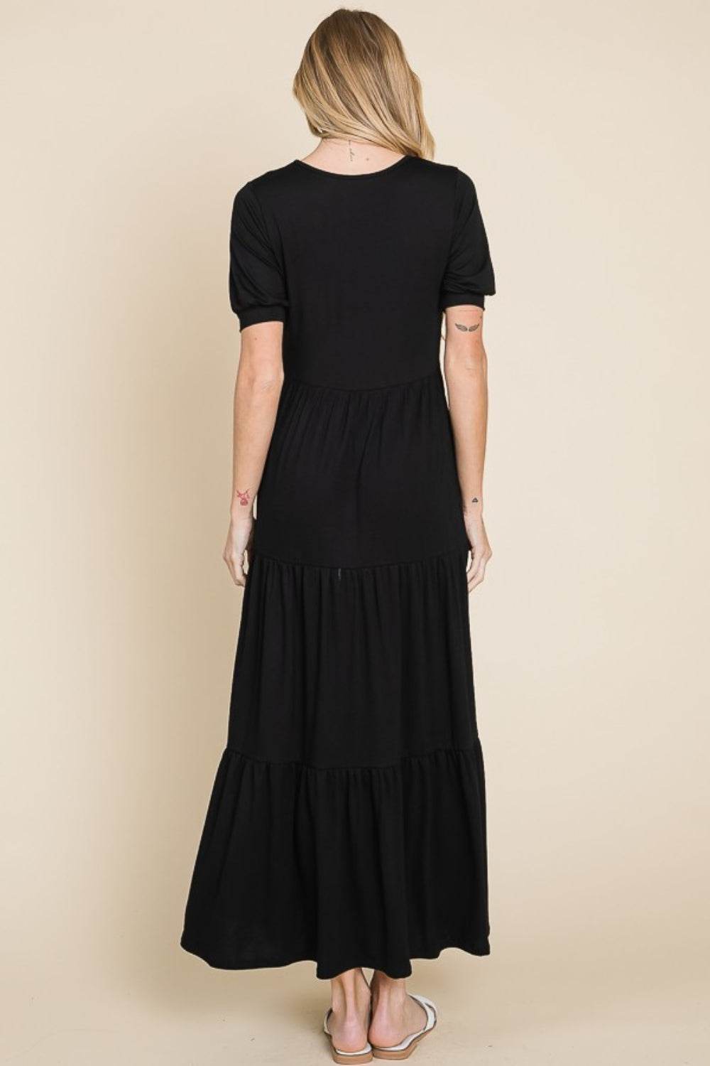 BOMBOM Short Sleeve Tiered Maxi Dress - Delanoir