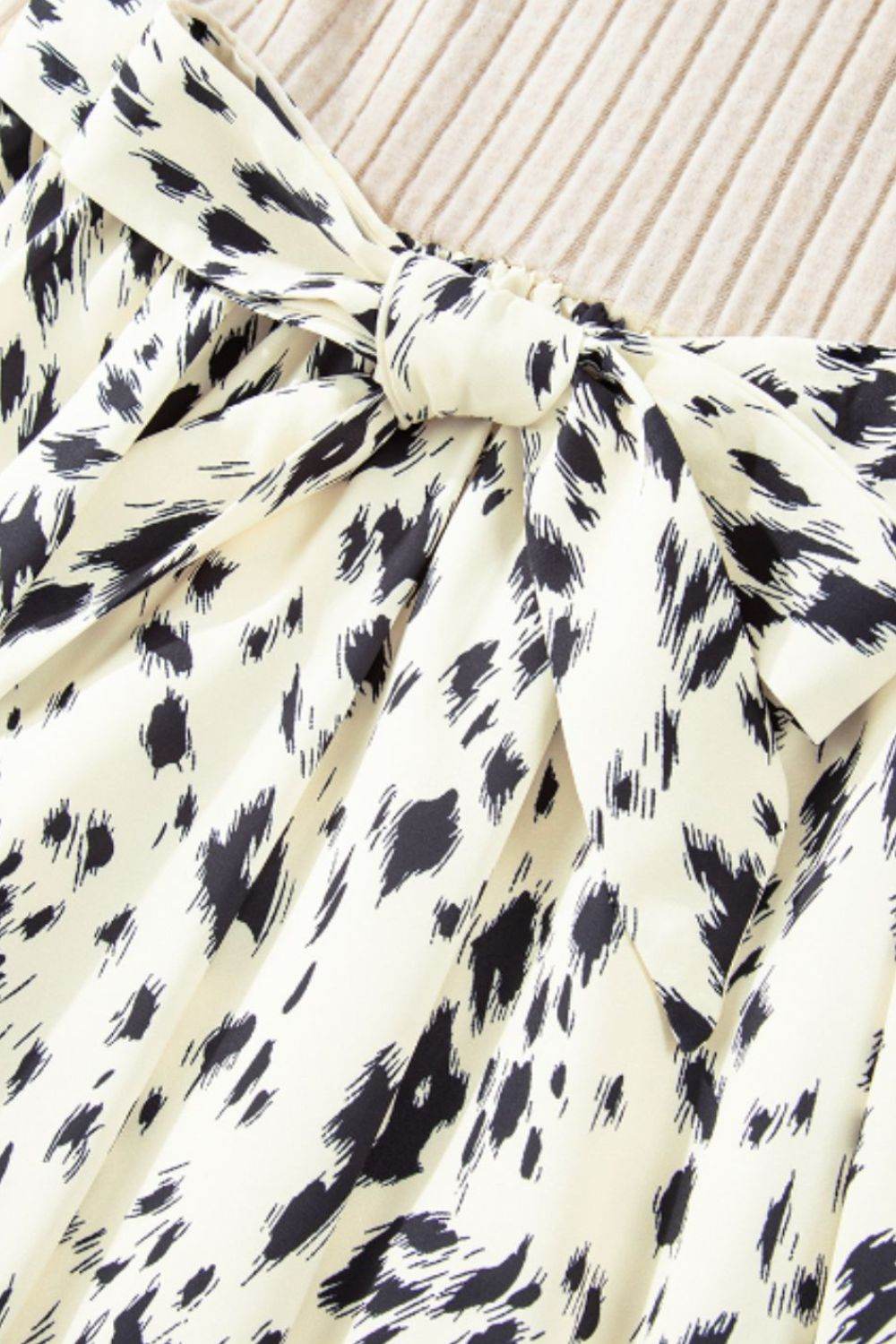 Printed Tie Waist Mock Neck Long Sleeve Dress - Delanoir