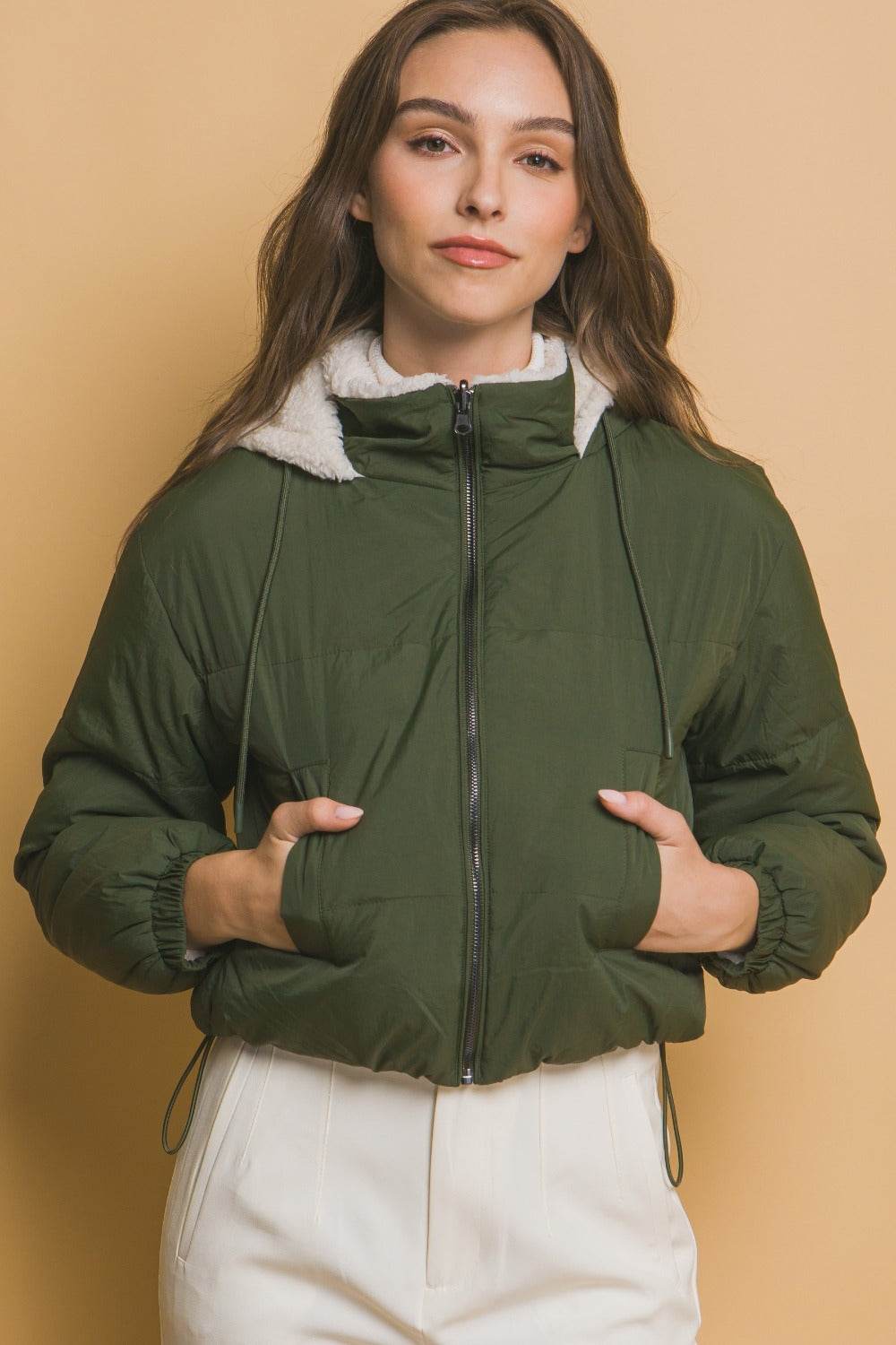 Love Tree Zip Up Cropped Hooded Sherpa Reversible Jacket - Delanoir