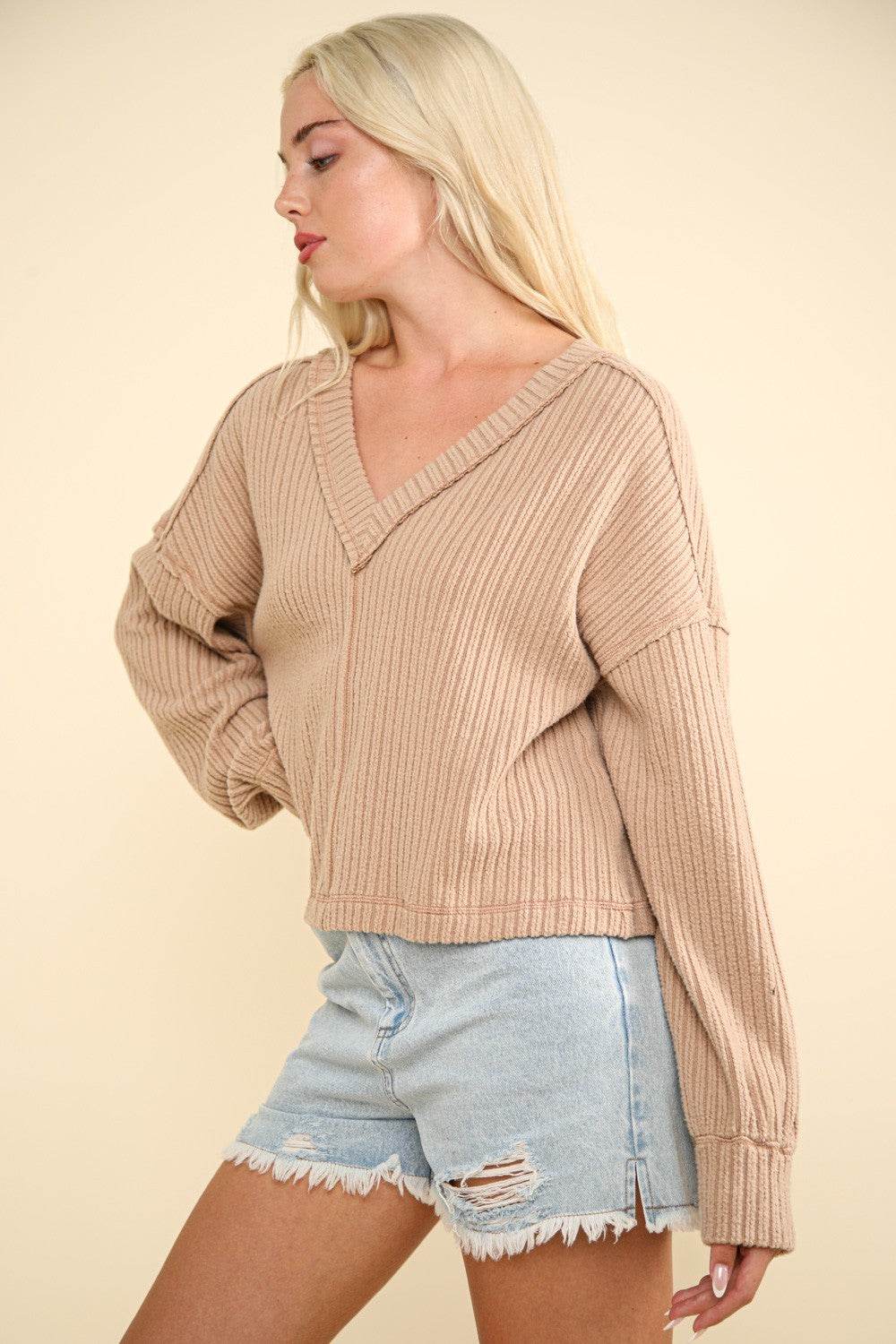 VERY J Exposed Seam V-Neck Ribbed Knit Top - Delanoir