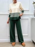 Devine Slit Striped Round Neck Top and Pants Sweater Set - Delanoir