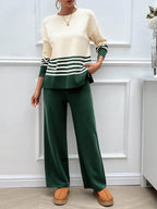 Devine Slit Striped Round Neck Top and Pants Sweater Set - Delanoir