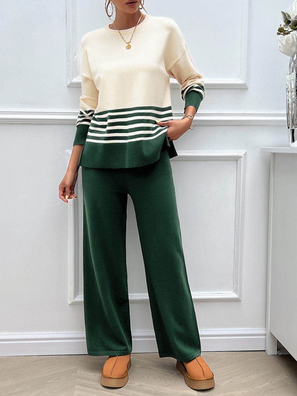 Devine Slit Striped Round Neck Top and Pants Sweater Set - Delanoir