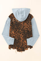 Leopard Distressed Drawstring Hooded Denim Jacket - Delanoir