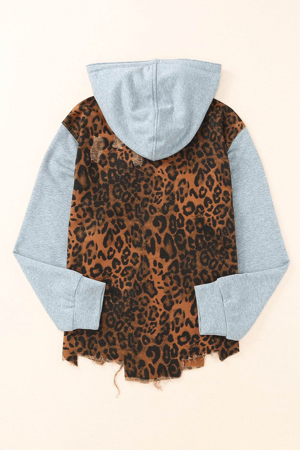 Leopard Distressed Drawstring Hooded Denim Jacket - Delanoir