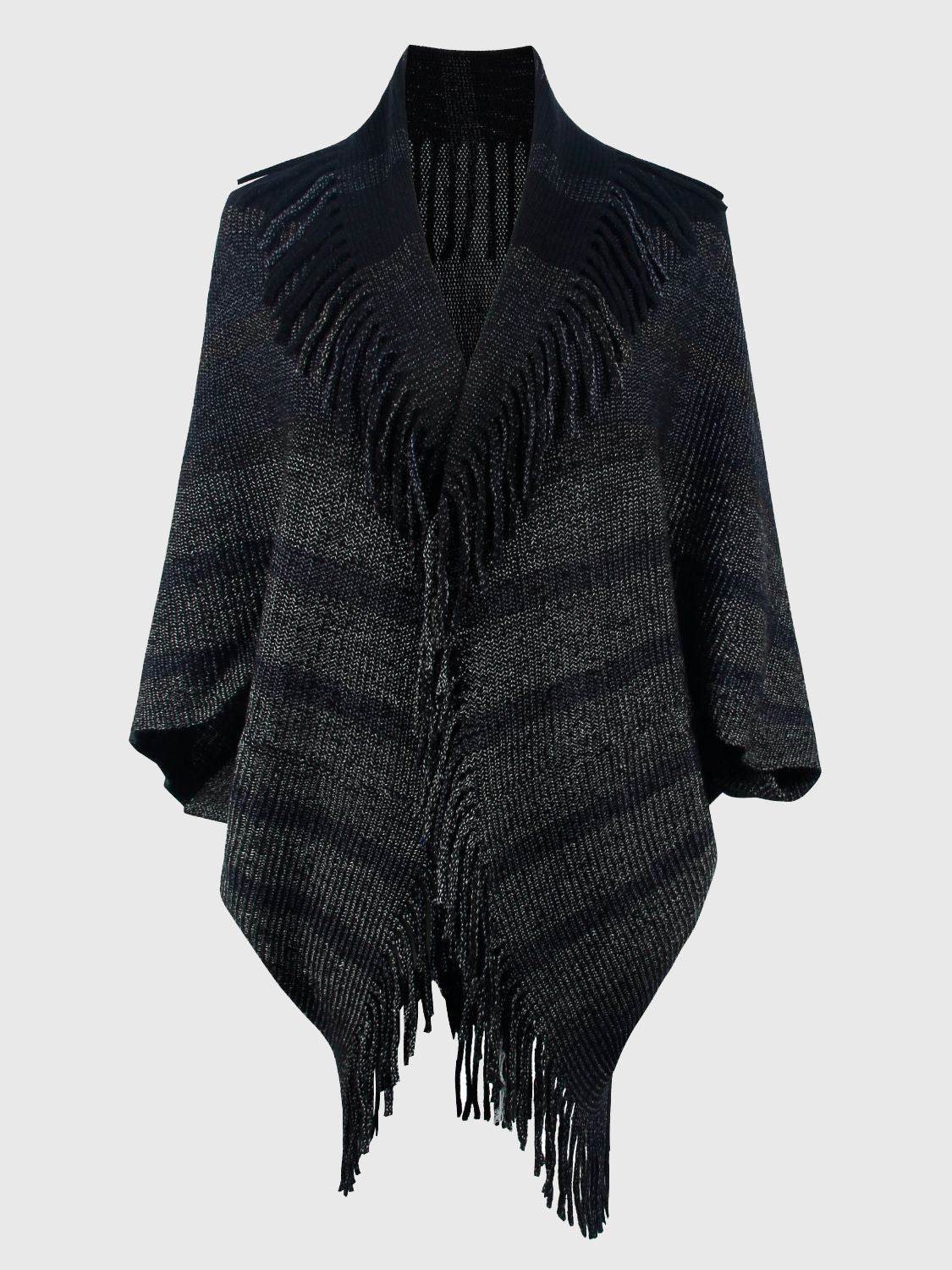 Fringe Detail Open Front Poncho - Delanoir