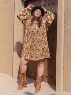 Plus Size Printed V-Neck Balloon Sleeve Mini Dress - Delanoir