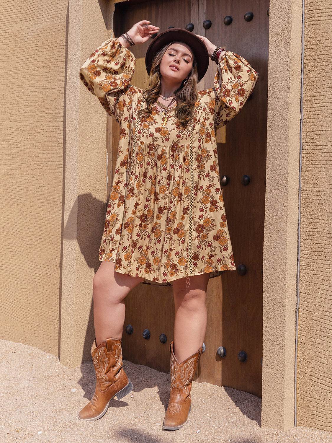 Plus Size Printed V-Neck Balloon Sleeve Mini Dress - Delanoir