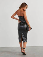 PU Slit Midi Dress - Delanoir