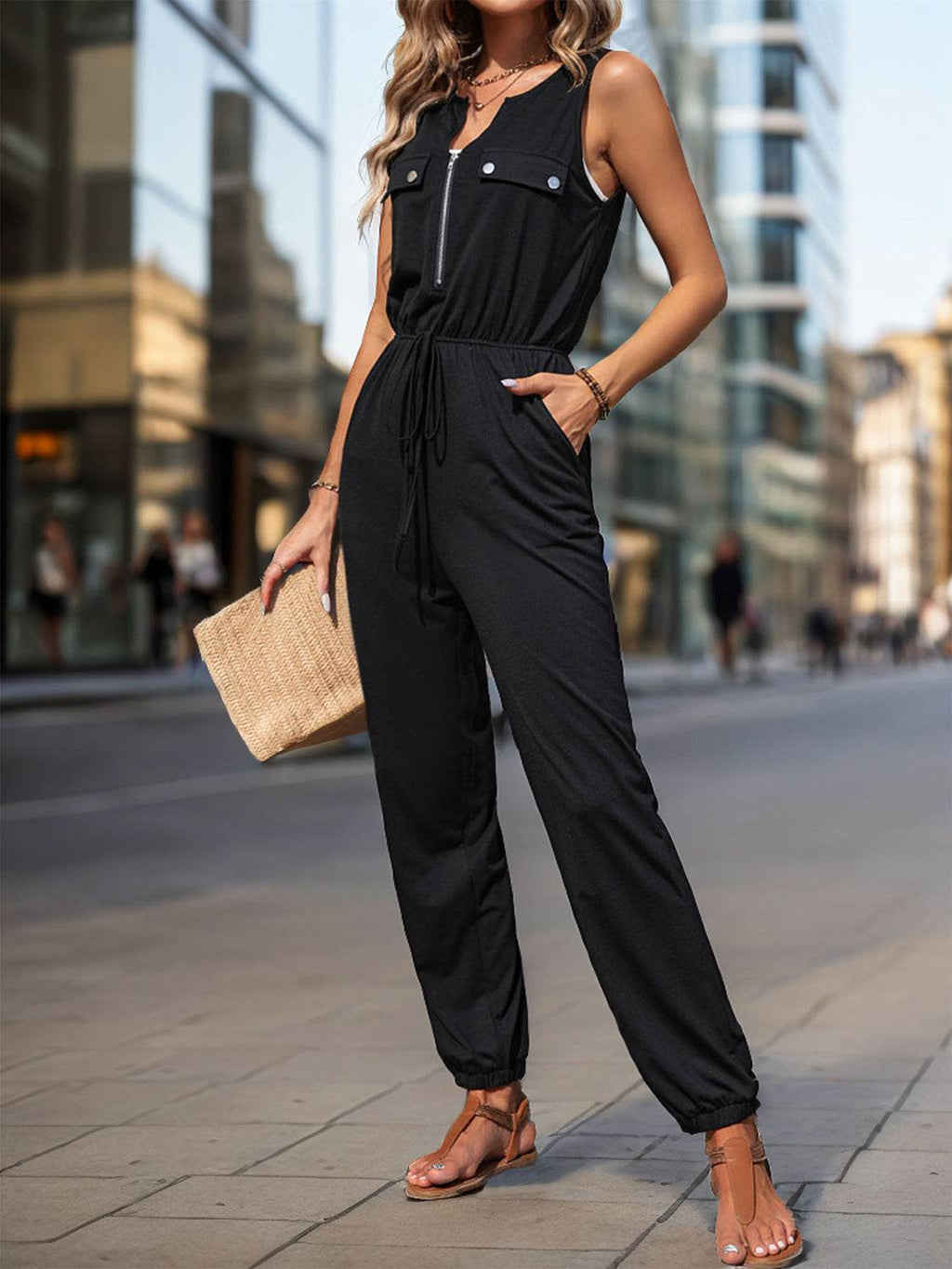 Perfee Half Zip Sleeveless Jumpsuit with Pockets - Delanoir