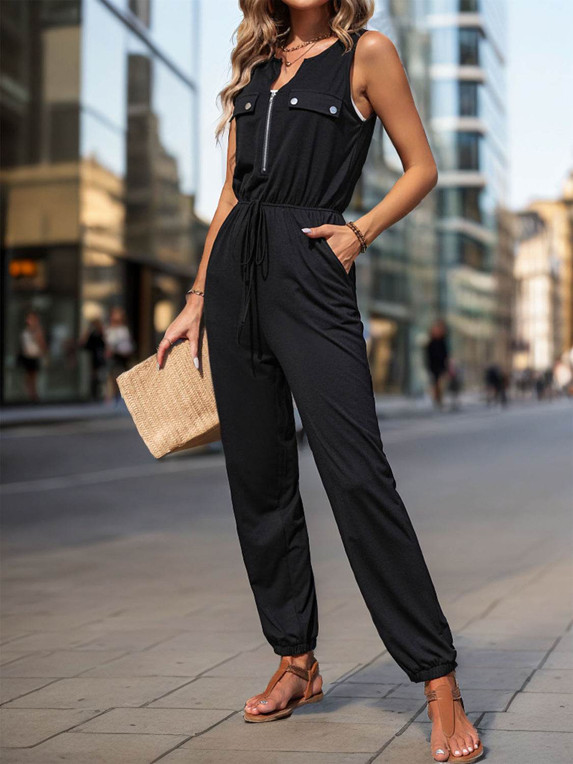Perfee Half Zip Sleeveless Jumpsuit with Pockets - Delanoir