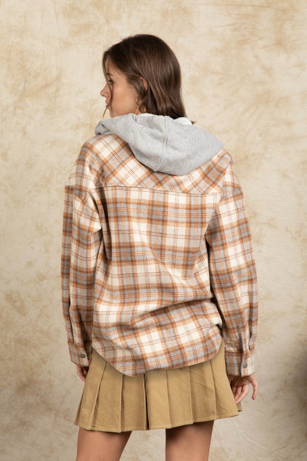 Drawstring Plaid Long Sleeve Hooded Jacket - Delanoir