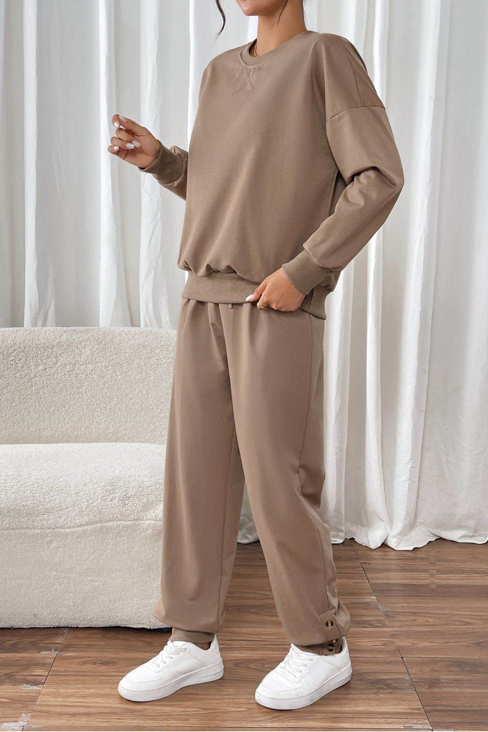 Perfee Round Neck Long Sleeve Top and Pants Set - Delanoir