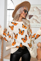 Butterfly Round Neck Long Sleeve Sweater - Delanoir