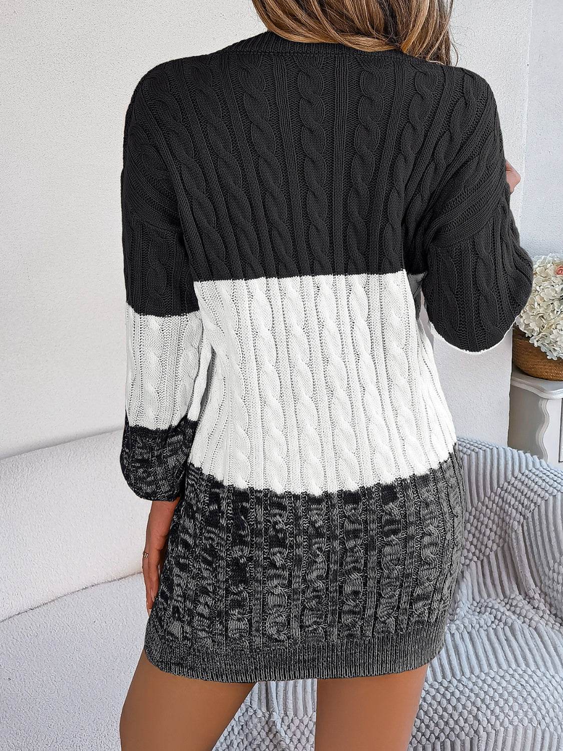 Cable-Knit Round Neck Color Block Sweater Dress - Delanoir