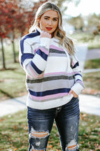 Plus Size Striped Long Sleeve Hooded Sweater - Delanoir