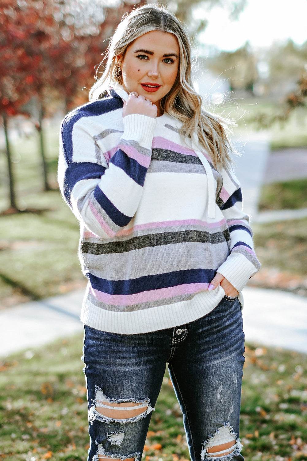 Plus Size Striped Long Sleeve Hooded Sweater - Delanoir