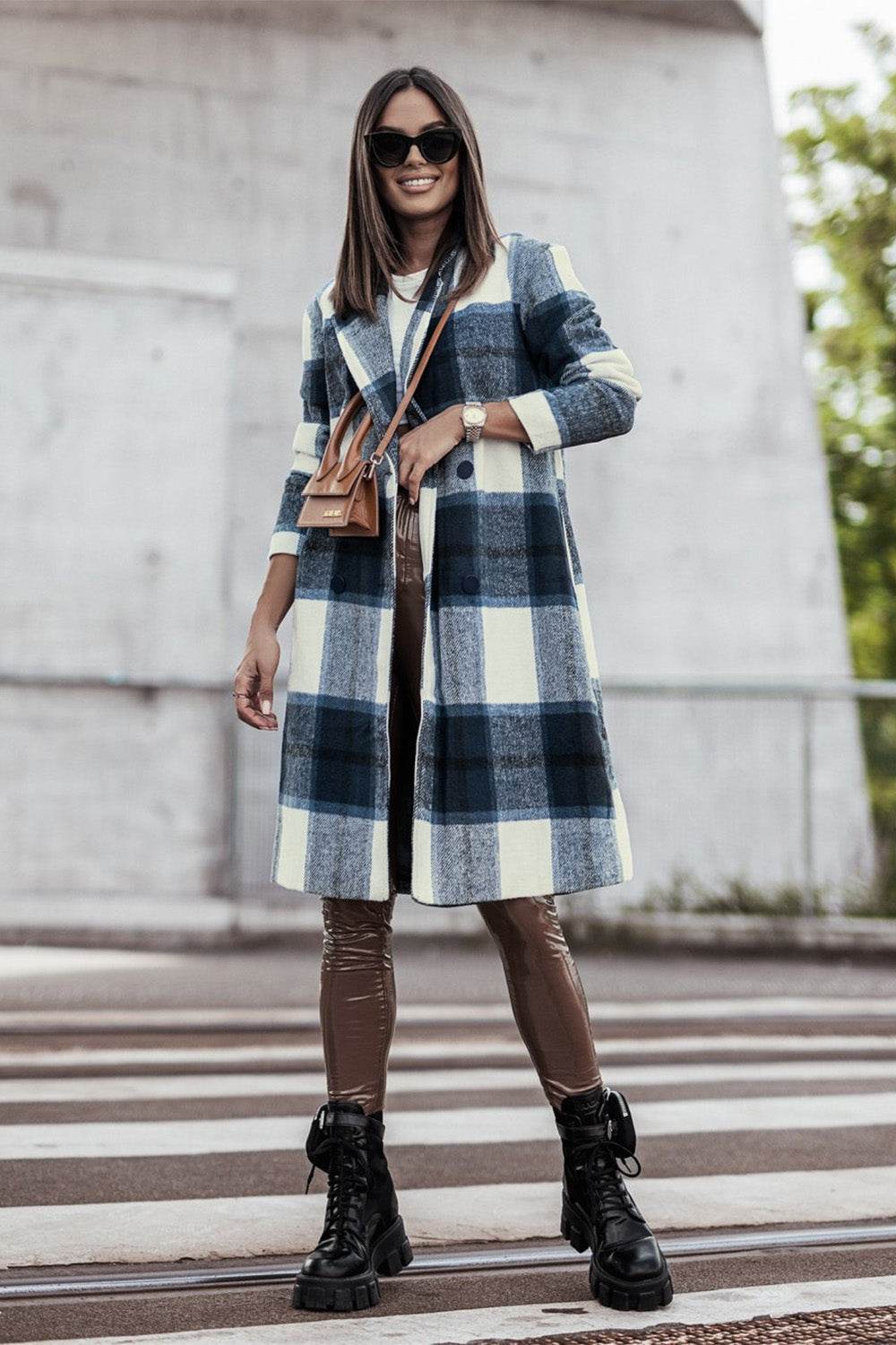 Double Take Full Size Plaid Button Up Lapel Collar Coat - Delanoir