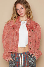 POL Raw Hem Button Up Cropped Denim Jacket - Delanoir