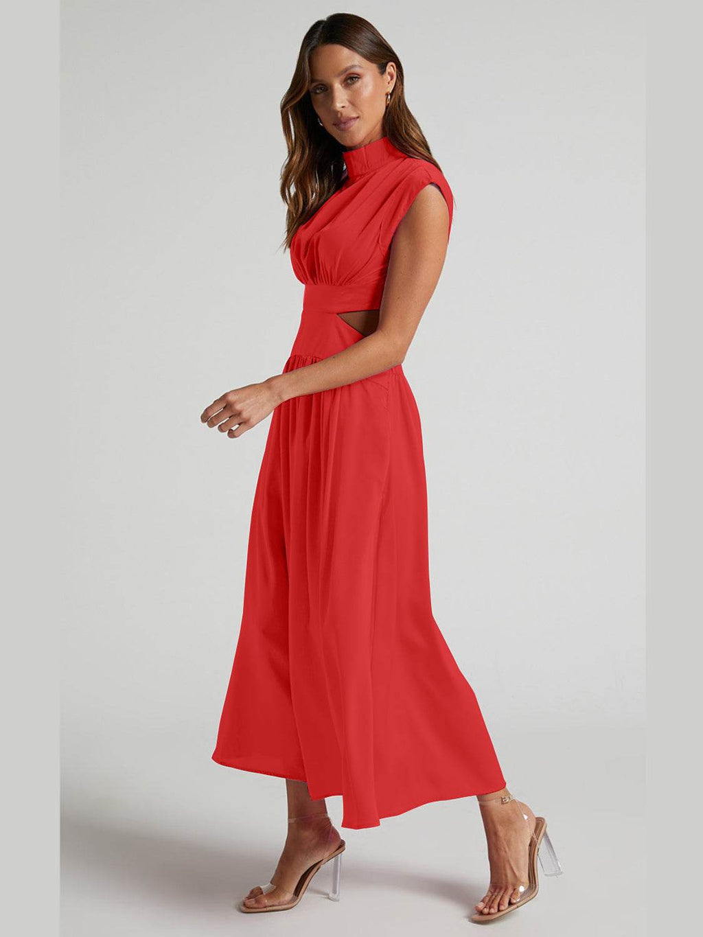Cutout Mock Neck Sleeveless Ruched Dress - Delanoir