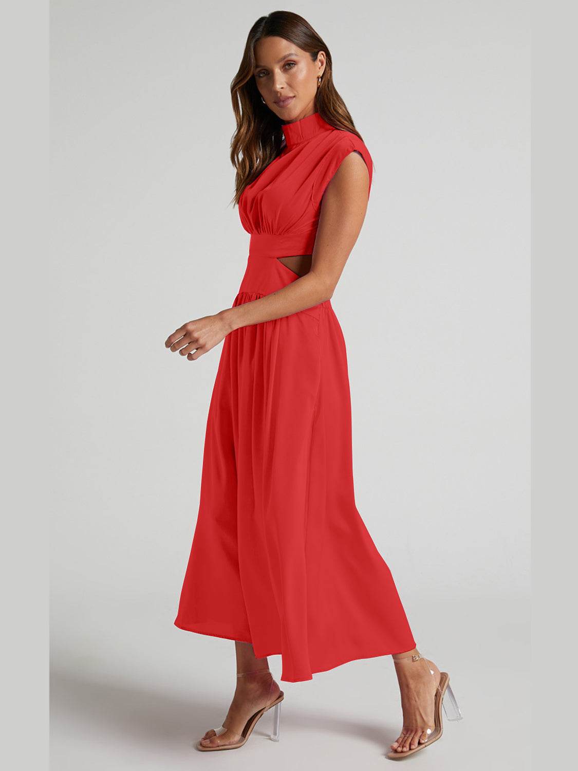Cutout Mock Neck Sleeveless Ruched Dress - Delanoir