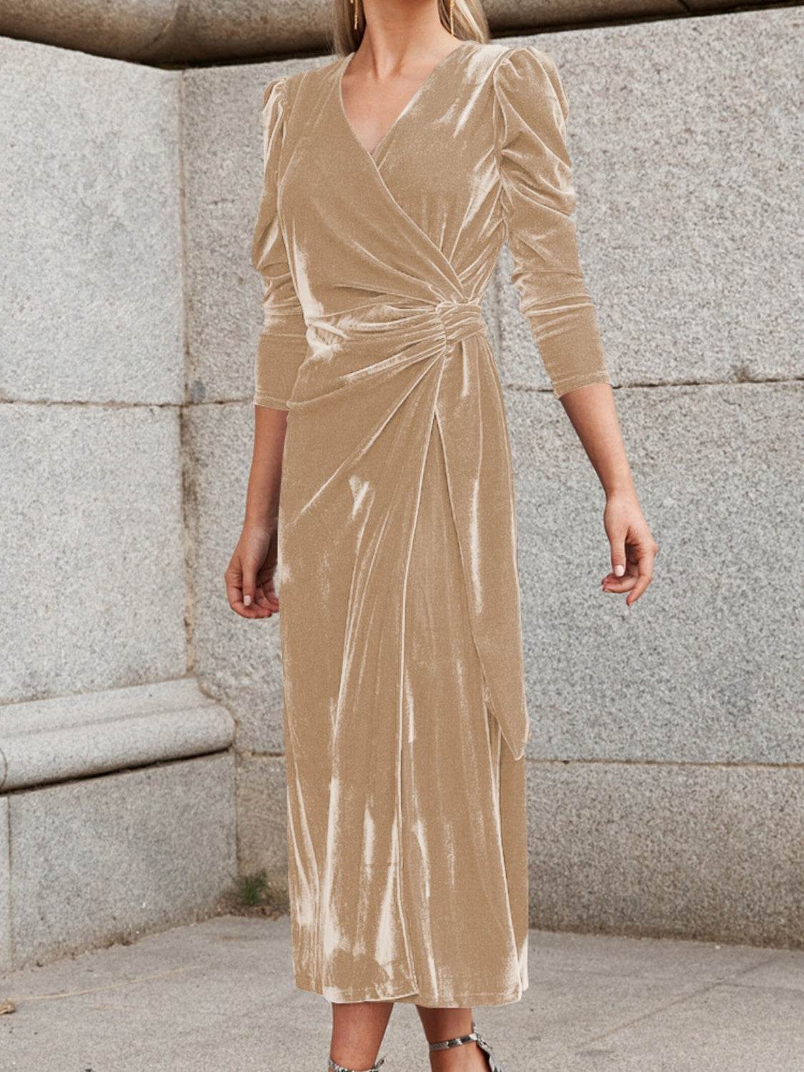 Surplice Puff Sleeve Midi Dress - Delanoir