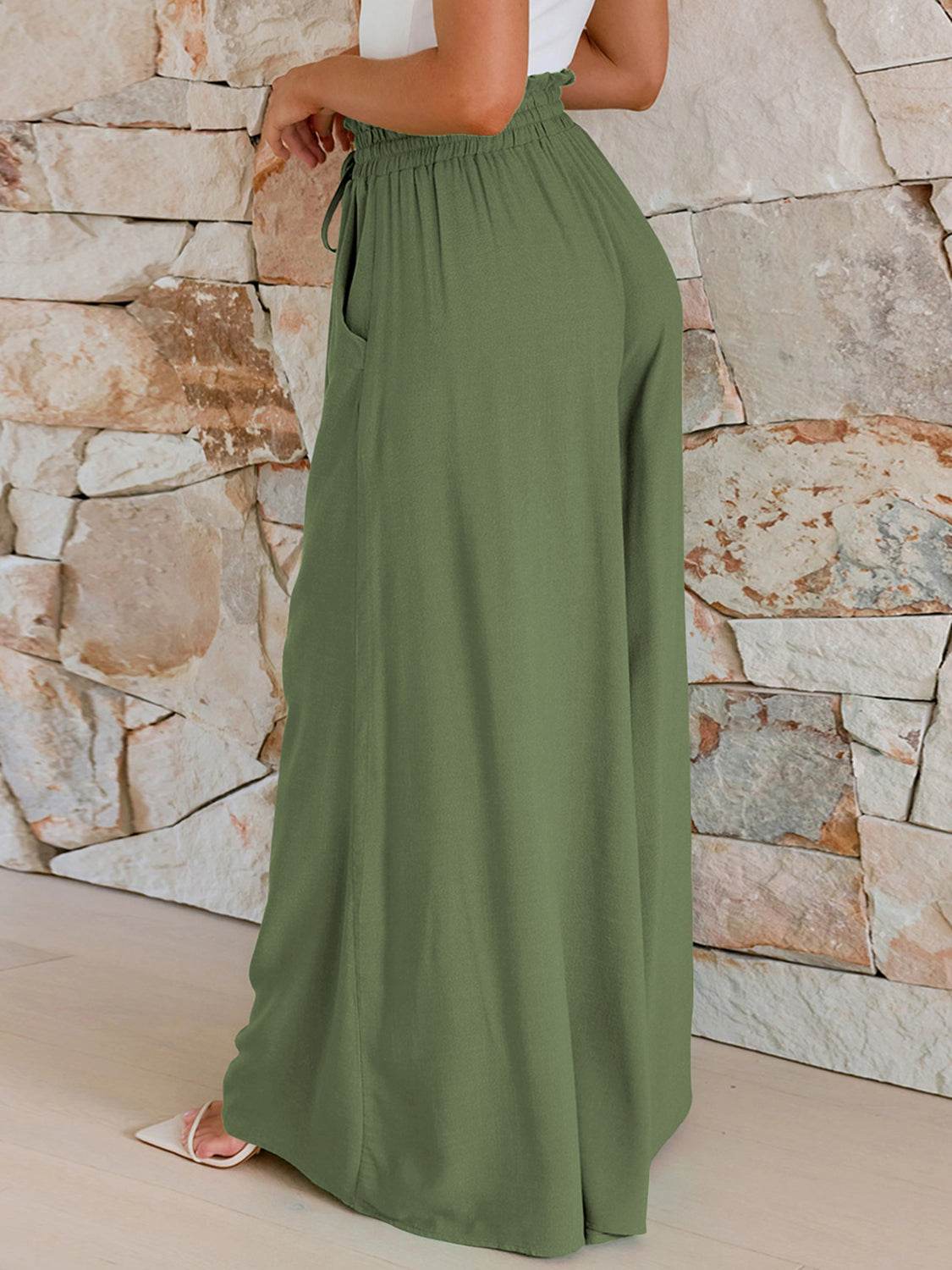 Drawstring Wide Leg Pants with Pockets - Delanoir