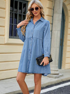 Tiered Button Up Long Sleeve Denim Dress - Delanoir
