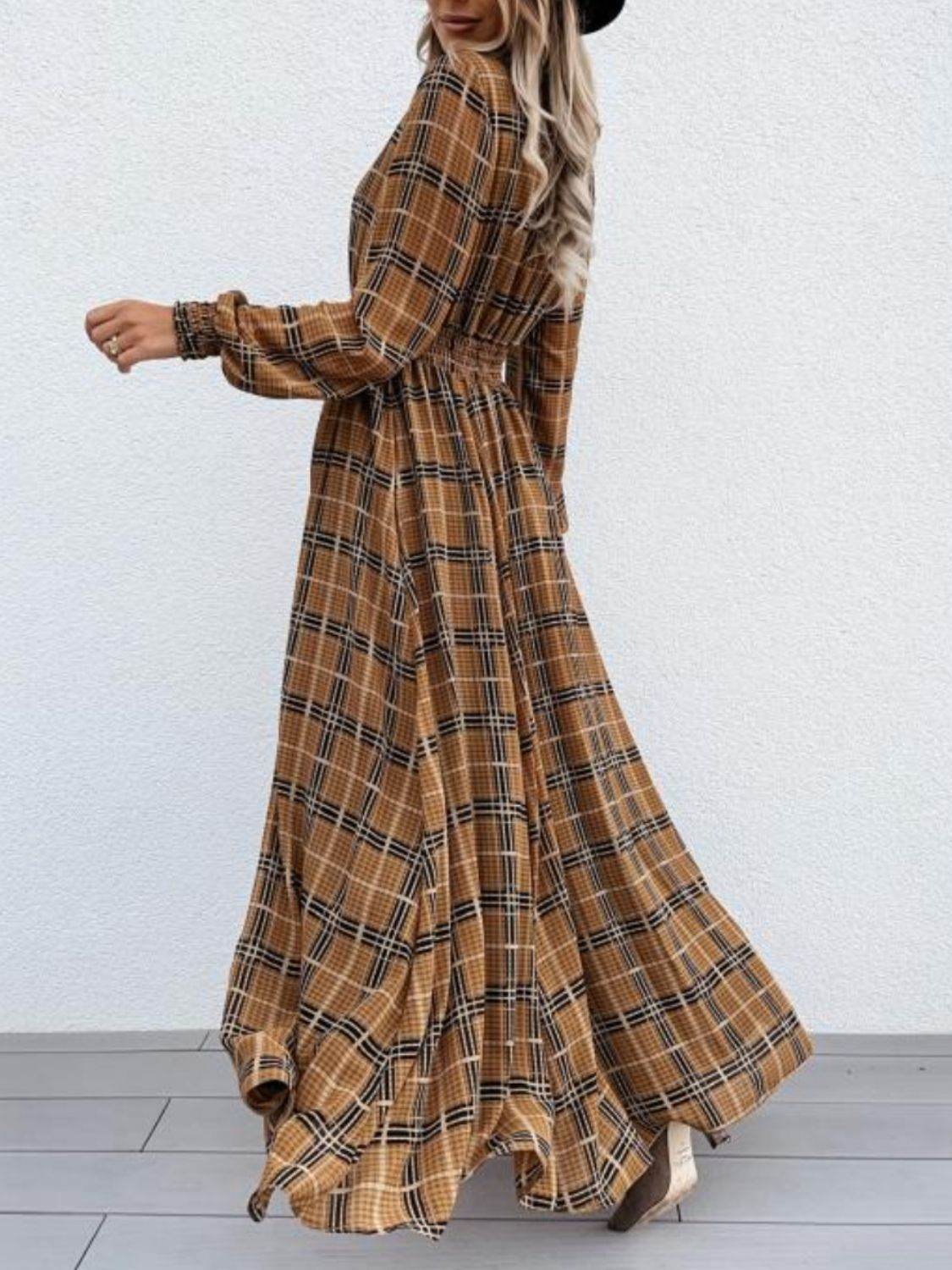 Slit Plaid Tie Neck Long Sleeve Maxi Dress - Delanoir