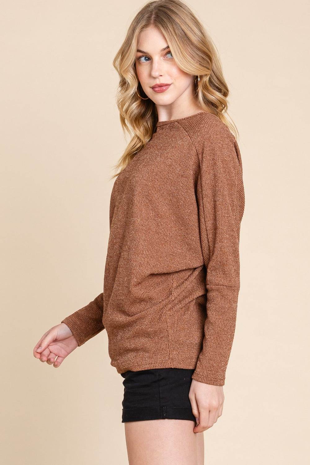 BOMBOM Drop Shoulder Long Sleeve Knit Top - Delanoir