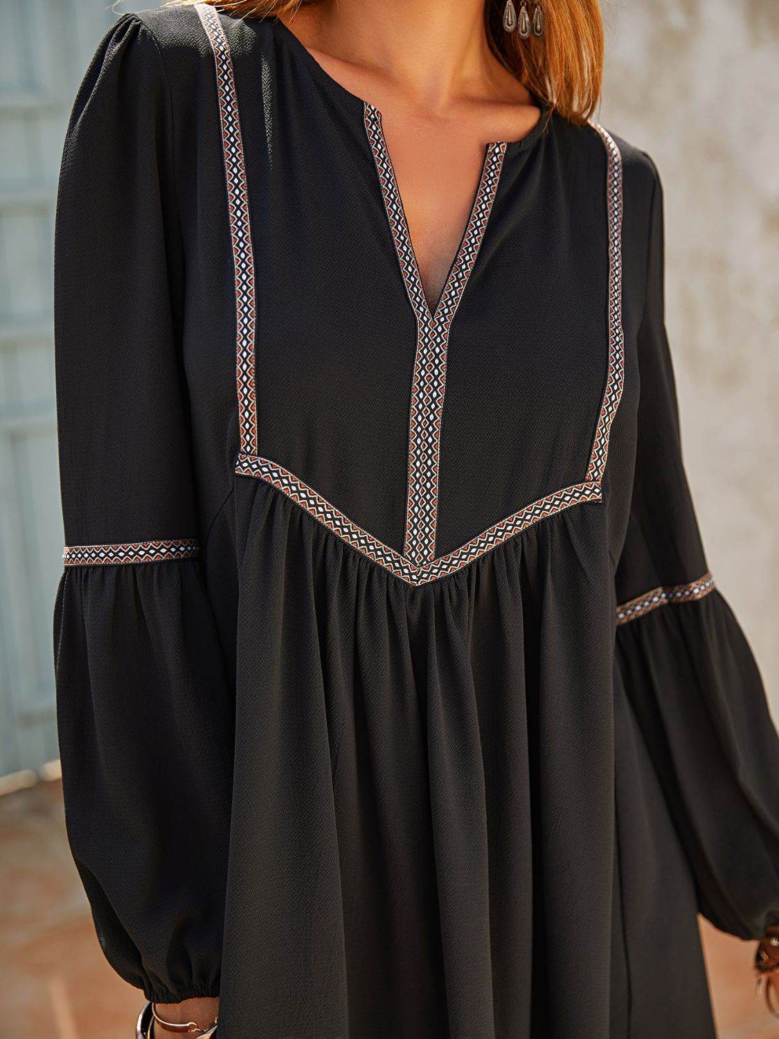 Ruched Notched Long Sleeve Mini Dress - Delanoir