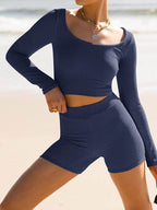 Scoop Neck Long Sleeve Top and Shorts Set - Delanoir