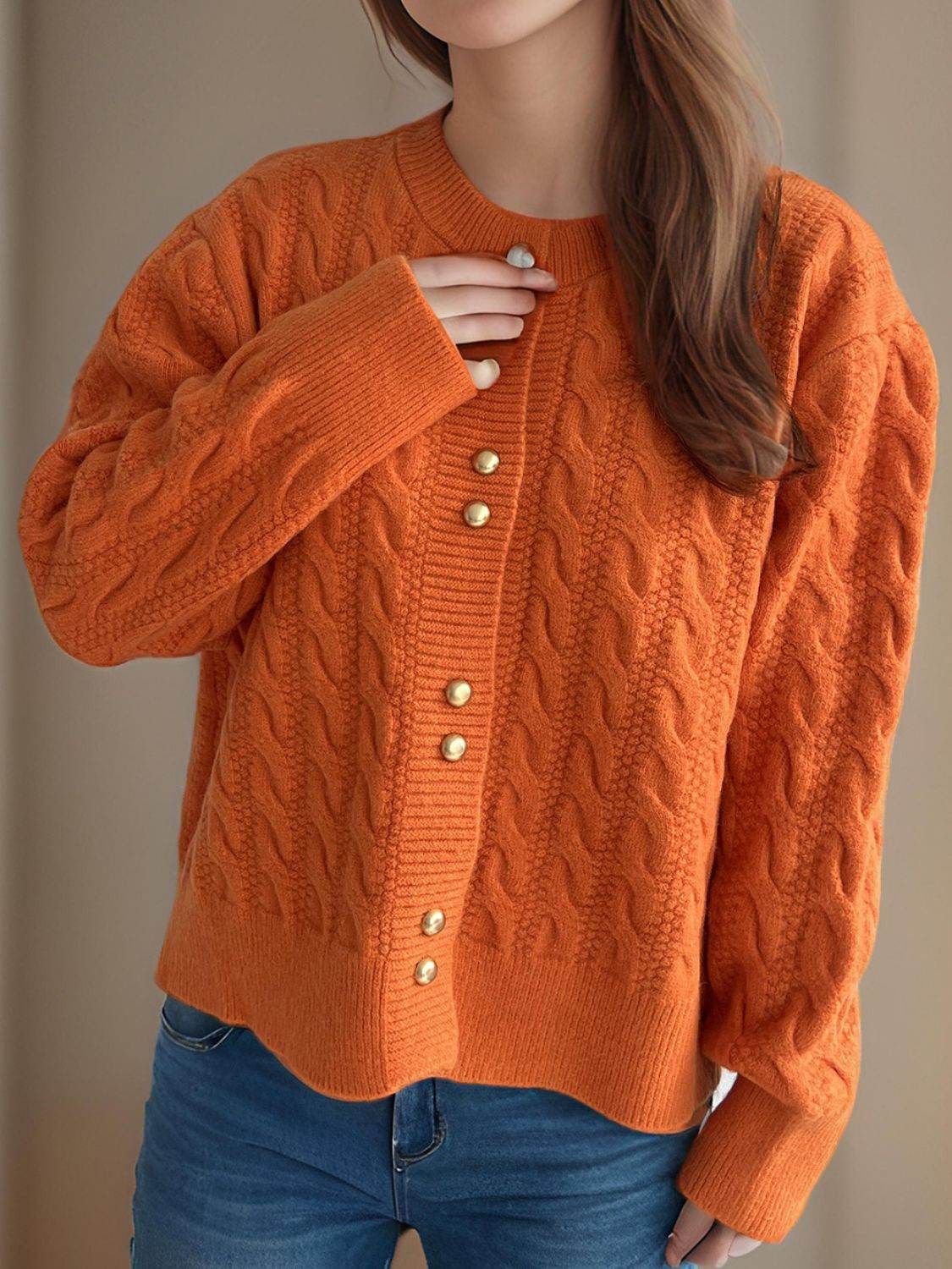 Cable-Knit Round Neck Long Sleeve Cardigan - Delanoir
