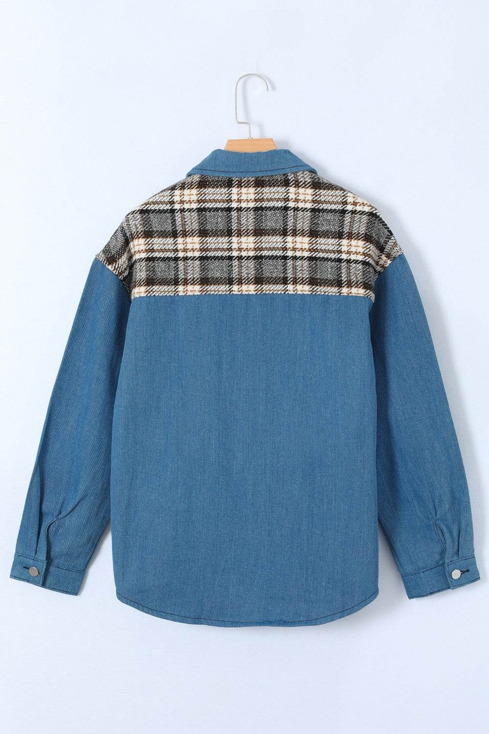 Plaid Pocketed Button Up Denim Jacket - Delanoir