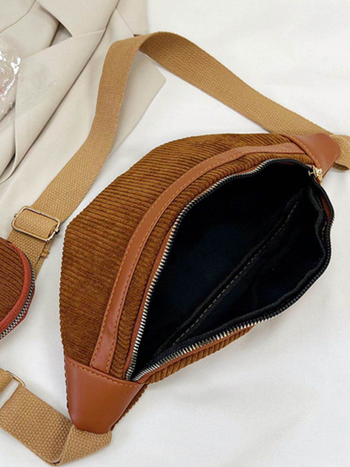 Corduroy Adjustable Strap Crossbody Bag with Pouch - Delanoir