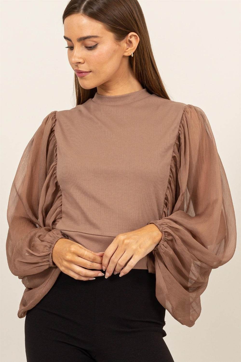 HYFVE Ruched Sheer Long Sleeve Mock Neck Blouse - Delanoir