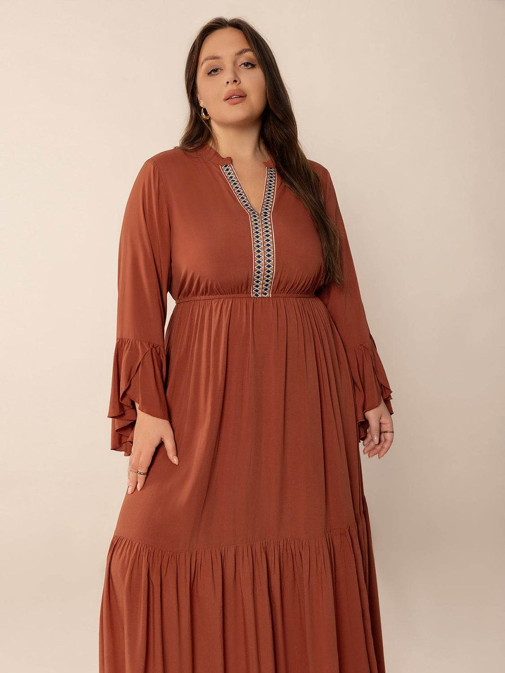 Plus Size Ruffled Notched Long Sleeve Midi Dress - Delanoir