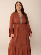 Plus Size Ruffled Notched Long Sleeve Midi Dress - Delanoir