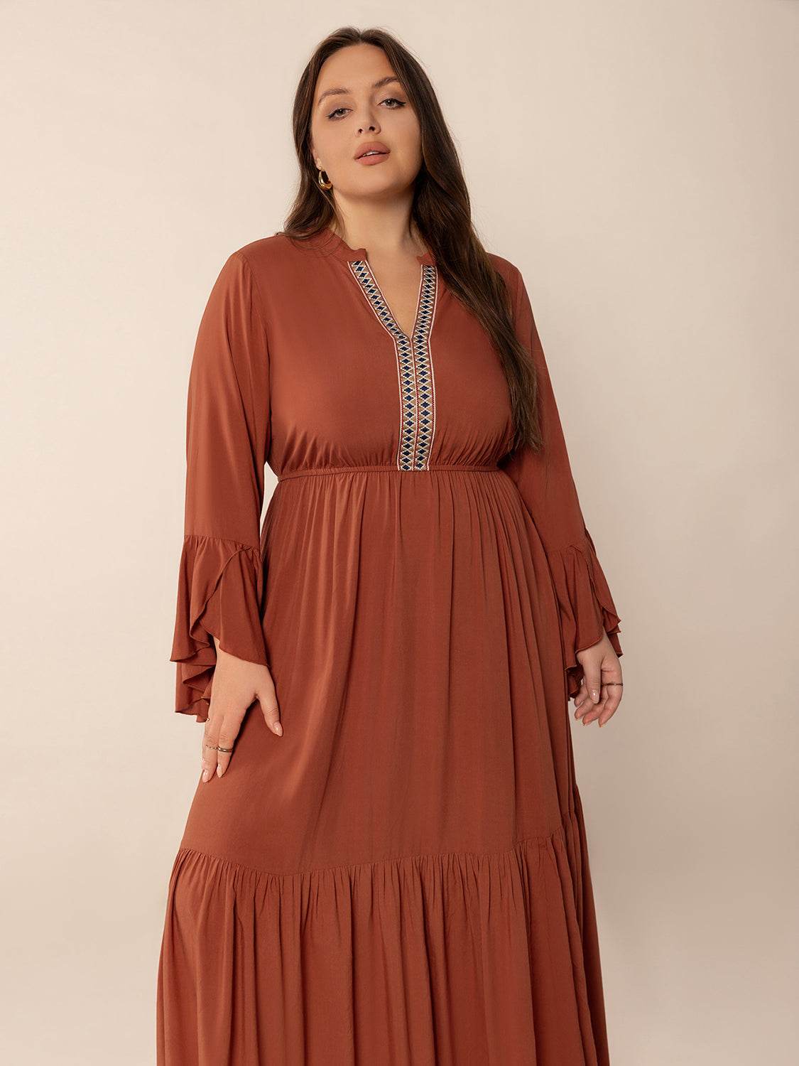Plus Size Ruffled Notched Long Sleeve Midi Dress - Delanoir