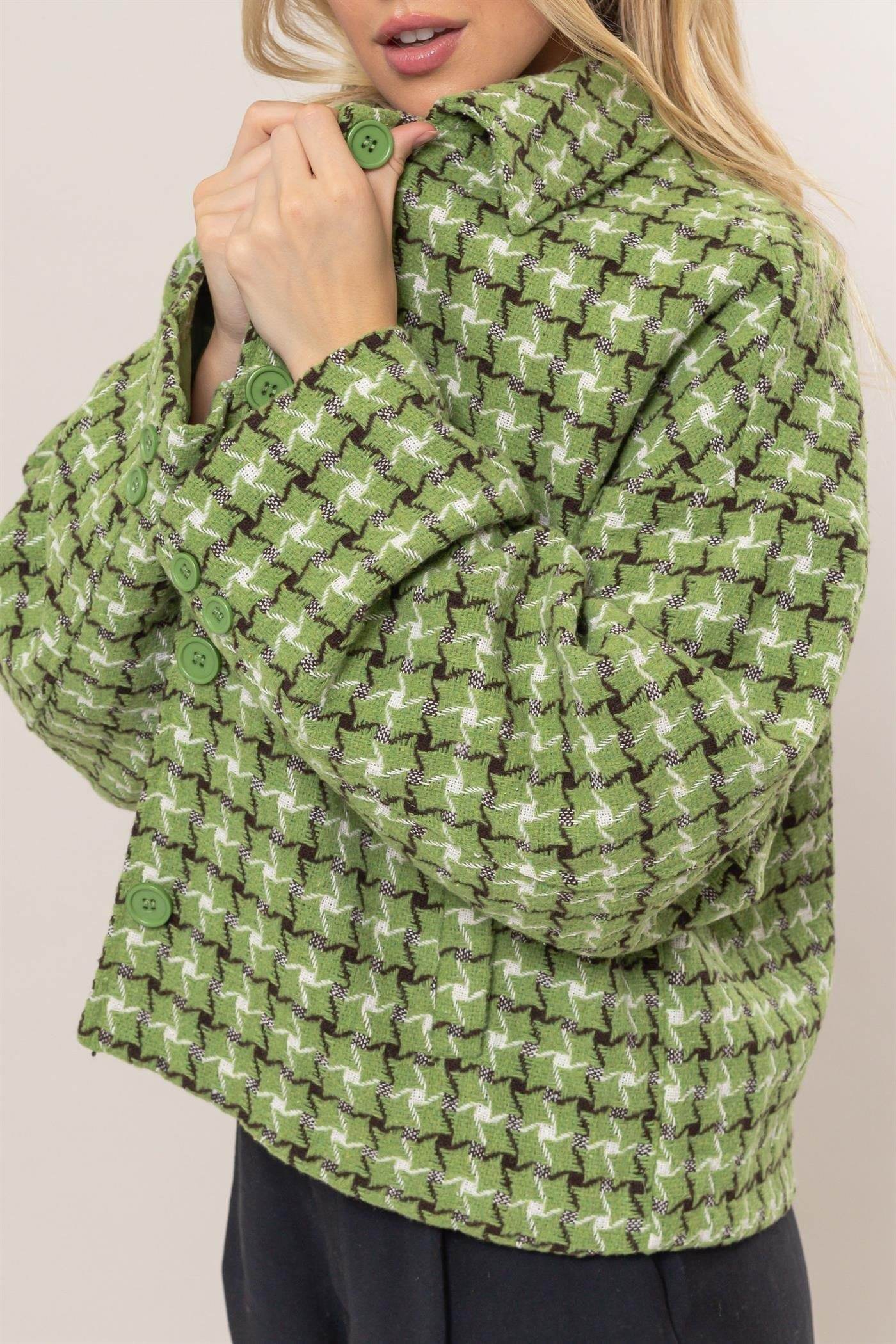 HYFVE Tweed Plaid Button Up Collared Neck Jacket - Delanoir