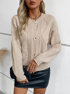 Cable-Knit Round Neck Button Up Cardigan - Delanoir