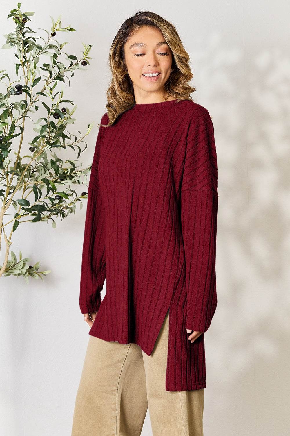 Basic Bae Full Size Ribbed Round Neck Long Sleeve Slit Top - Delanoir