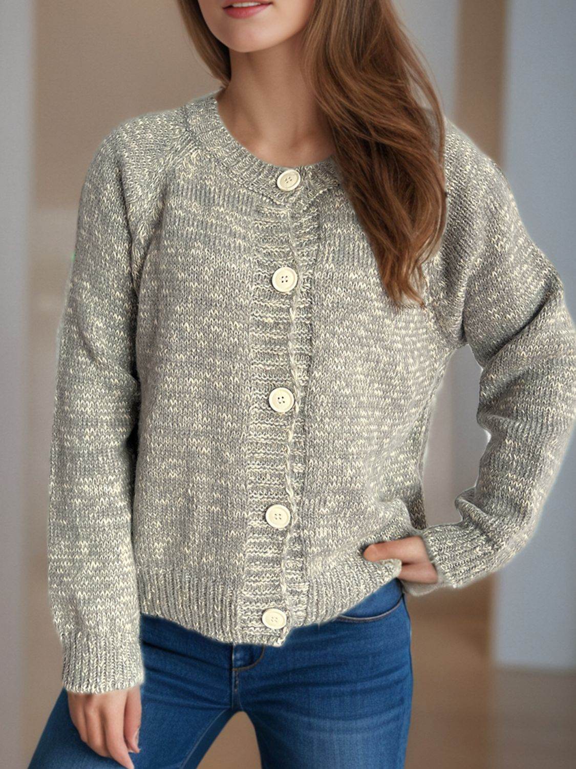 Heathered Button Down Long Sleeve Cardigan - Delanoir