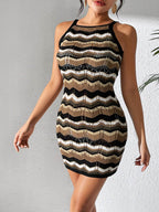 Openwork Striped Spaghetti Strap Knit Dress - Delanoir
