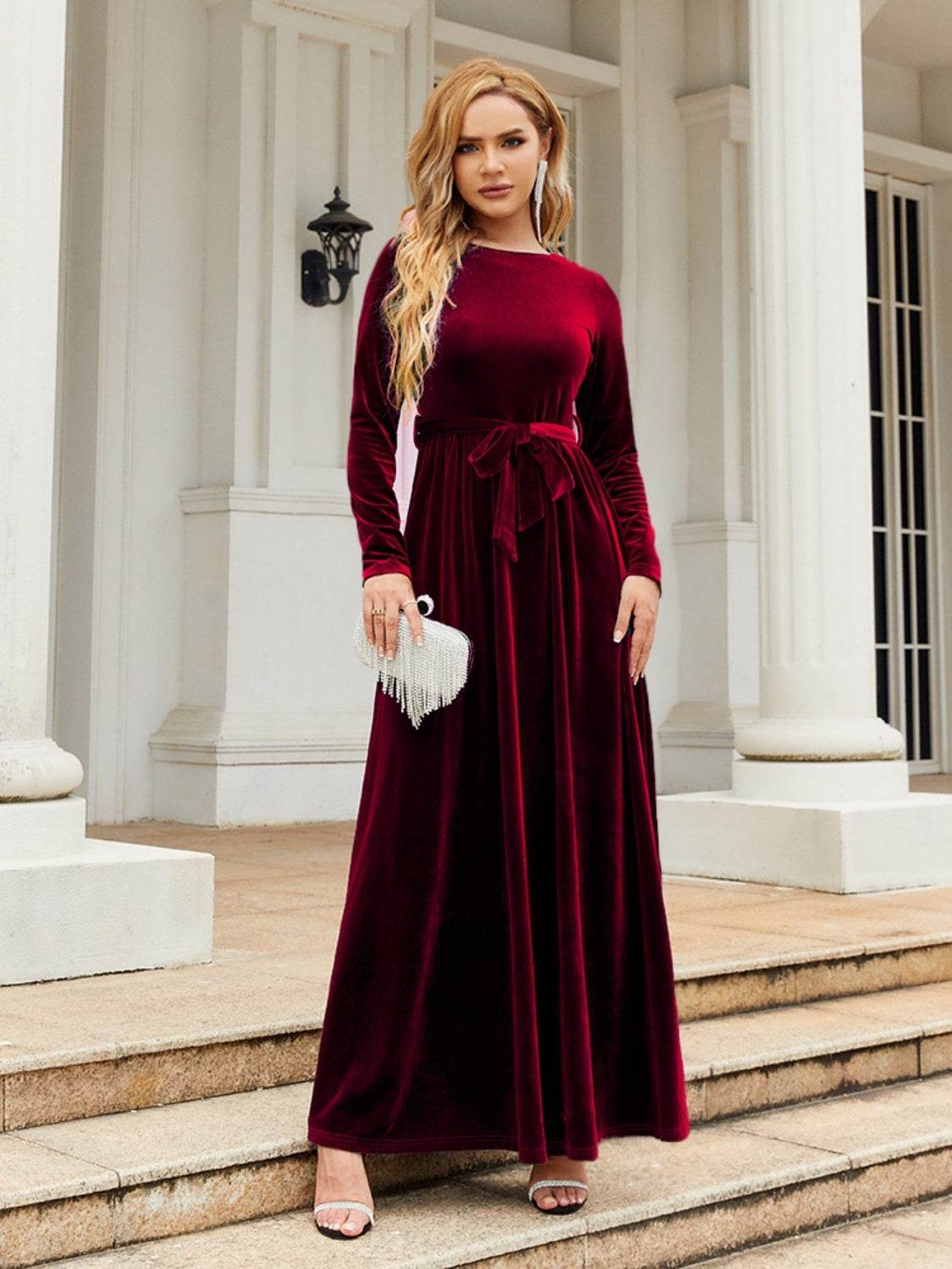 Tie Front Round Neck Long Sleeve Maxi Dress - Delanoir
