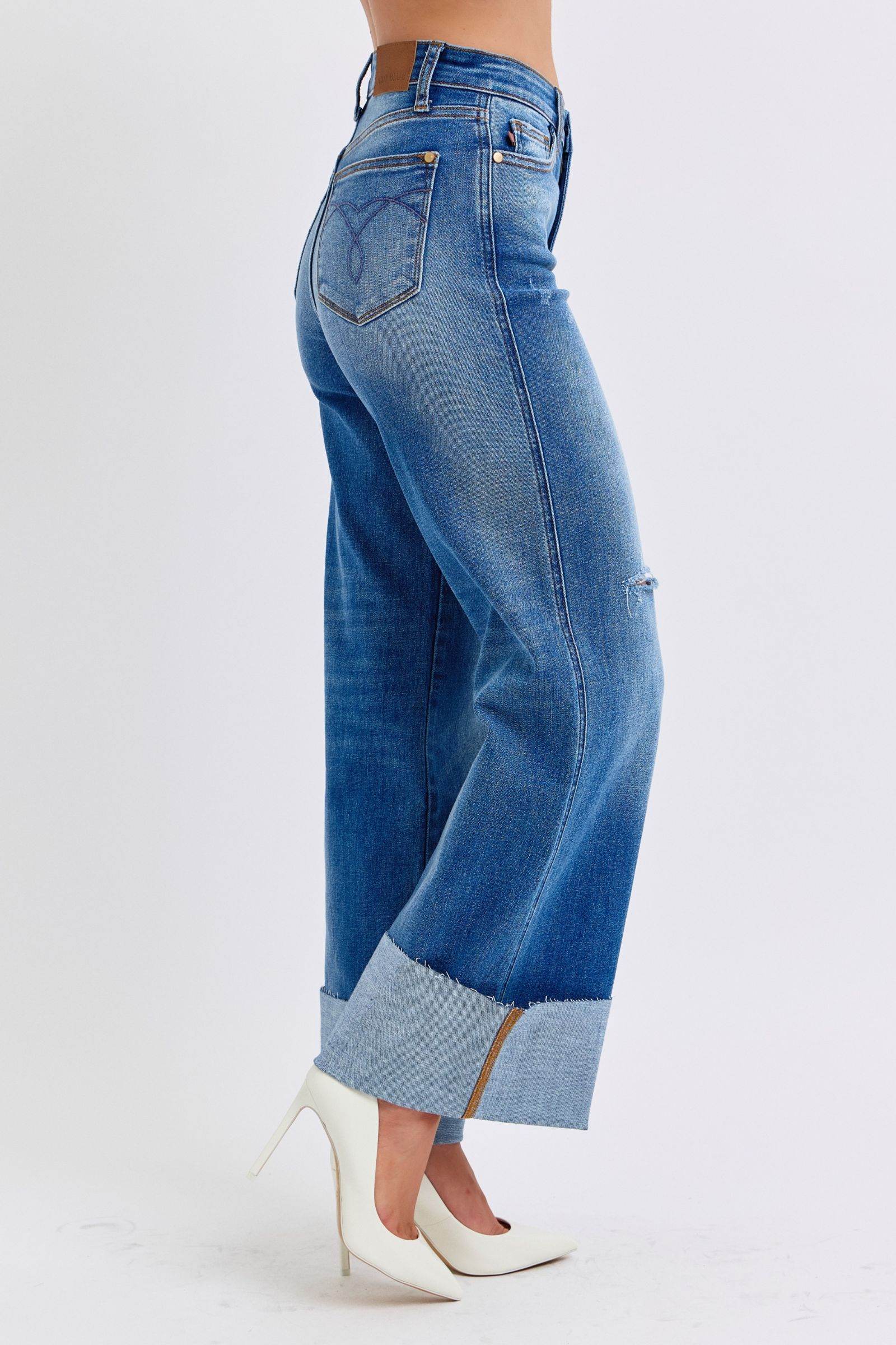 Judy Blue Full Size Distressed High Waist Wide Leg Jeans - Delanoir