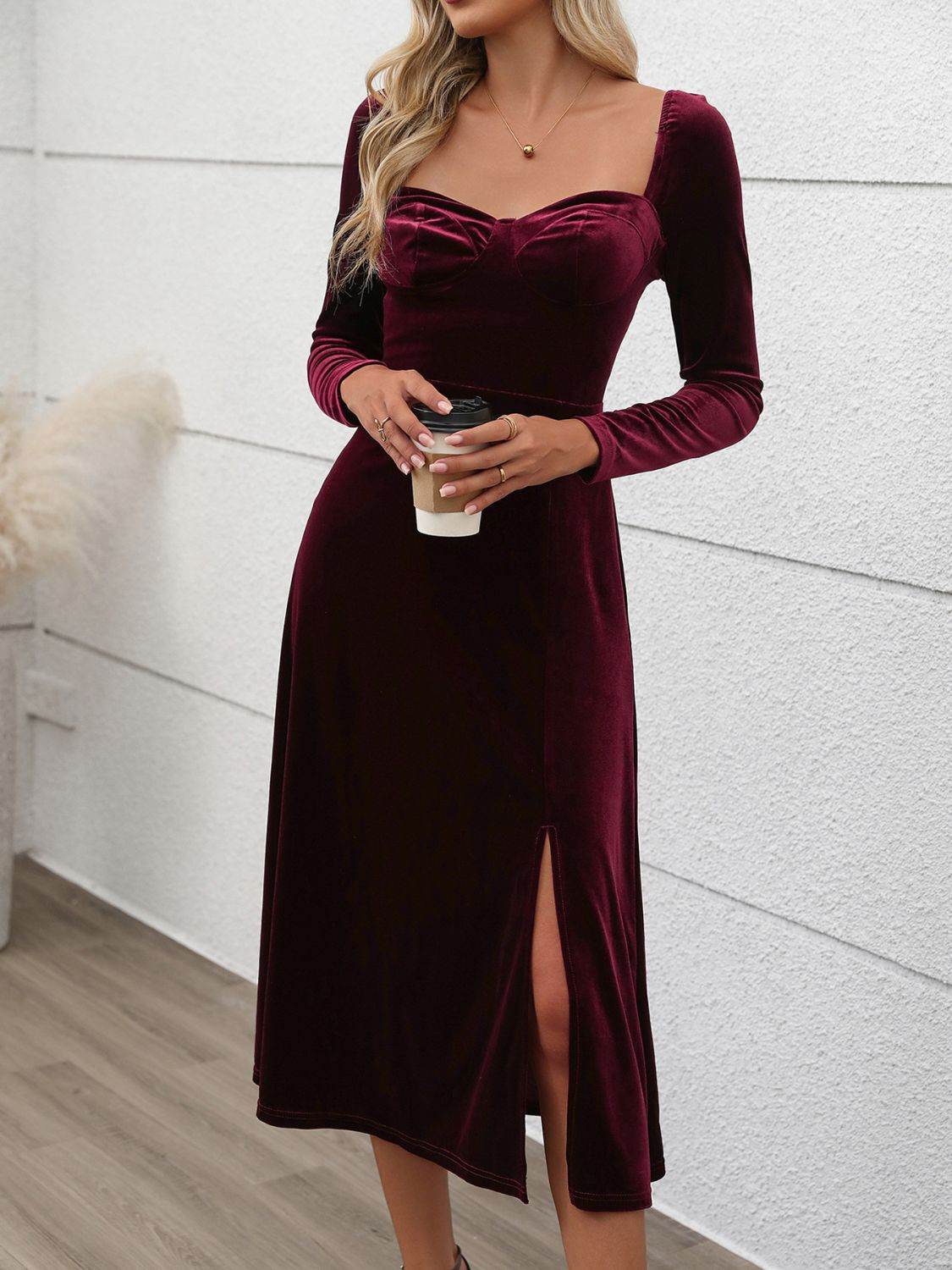 Perfee Sweetheart Neck Long Sleeve Midi Dress - Delanoir